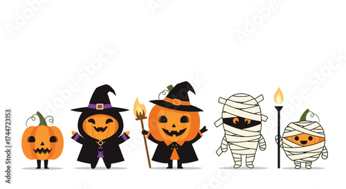 Cute halloween characters in costumes celebrating the holiday together.