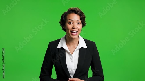 Smiling Businesswoman on Green Screen Talking and Gesturing.