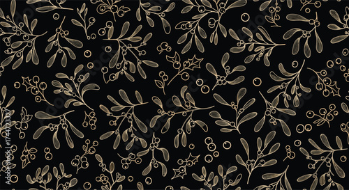 A detailed botanical illustration of delicate branches with small leaves and berries on a dark background.