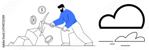Male character using pickaxe to mine coins from blocks. Euro, dollar, and more signify cryptocurrency. Ideal for finance, investment, cryptocurrency, blockchain, digital economy virtual currency