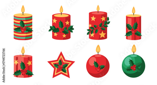 Set of festive Christmas candles with holly and berries decorations.