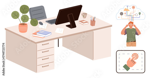 Desk setup with computer, books, plant, stationery alongside a person pondering cloud connections, and a touch interaction icon. Ideal for productivity, innovation, technology, problem-solving
