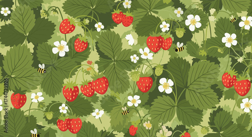 A vibrant field of ripe red strawberries and delicate white blossoms buzzing with busy bees.