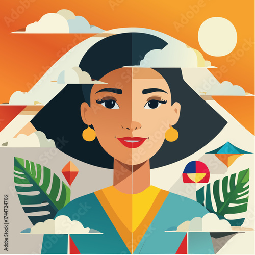 Eclectic collage portrait of a young woman with trendy paper composition