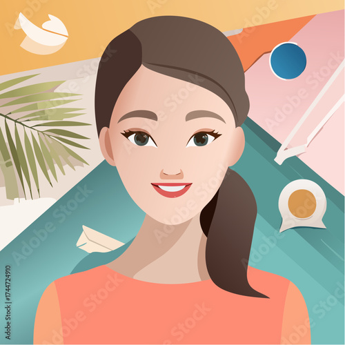 Eclectic collage portrait of a young woman with trendy paper composition