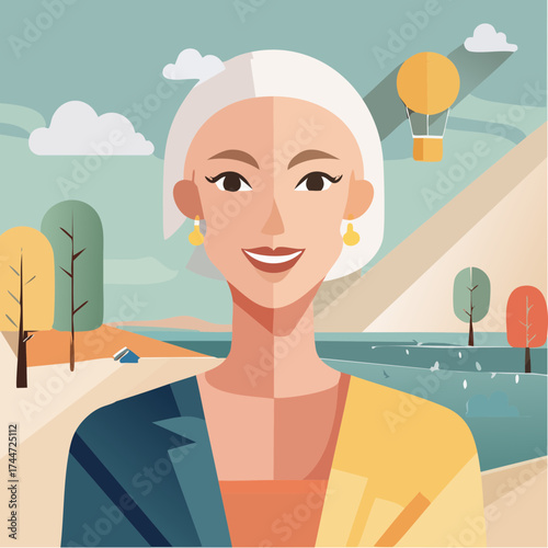 Eclectic collage portrait of a young woman with trendy paper composition