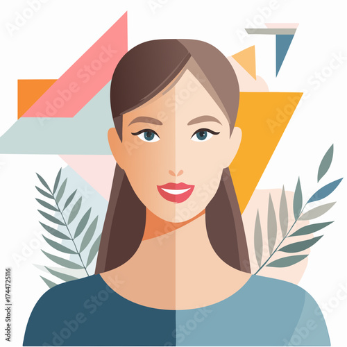 Eclectic collage portrait of a young woman with trendy paper composition