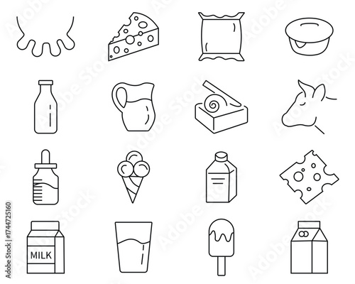 Dairy Product Simple Line Icons.  Natural cow milk, fermented milk product. Dairy goods production industry include milk, cheese, cream, yogurt, butter, farm animals. Vector Design Illustration.