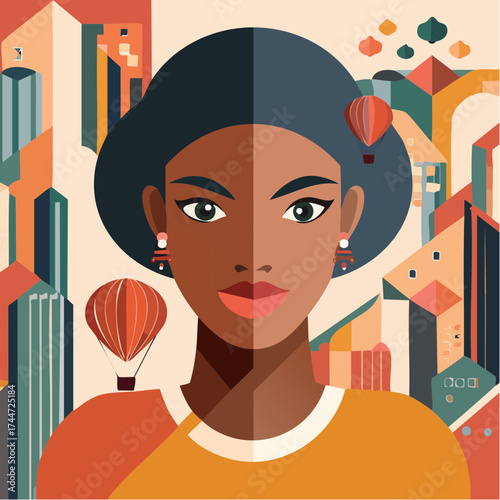 Eclectic collage portrait of a young woman with trendy paper composition