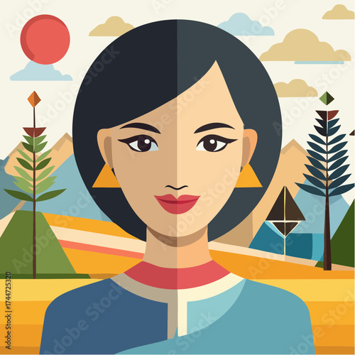 Eclectic collage portrait of a young woman with trendy paper composition