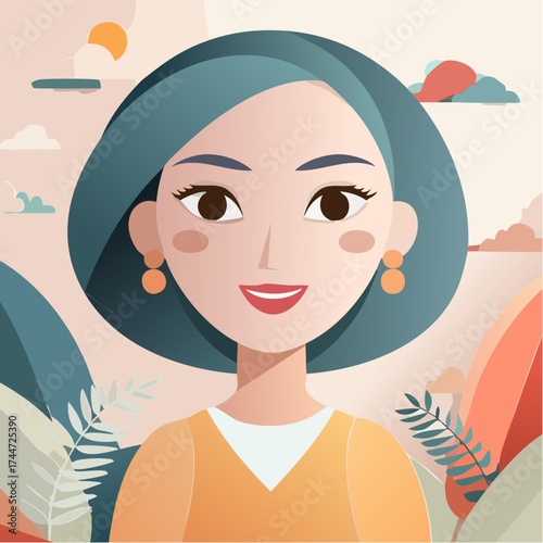 Eclectic collage portrait of a young woman with trendy paper composition