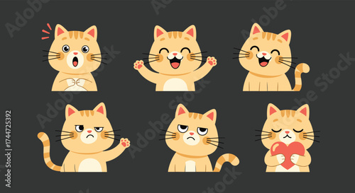 A collection of cartoon cats displaying a variety of adorable and expressive emotions and feelings.