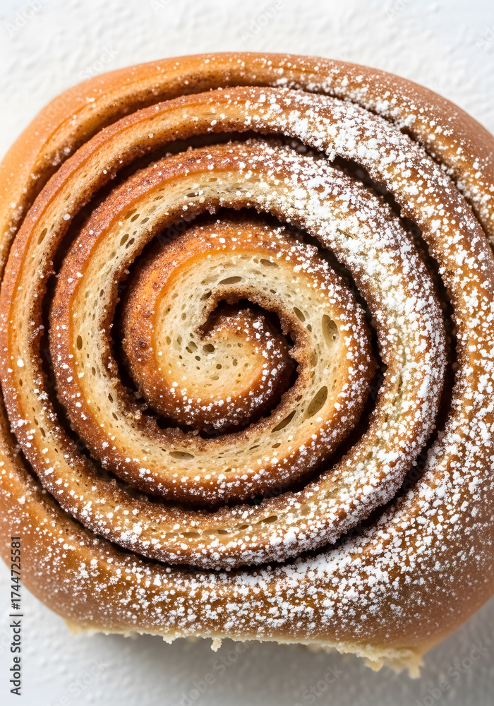 Fototapeta premium Warm, delicious cinnamon roll sprinkled with powdered sugar, perfect for breakfast or a sweet treat, inviting indulgence and comfort food vibes