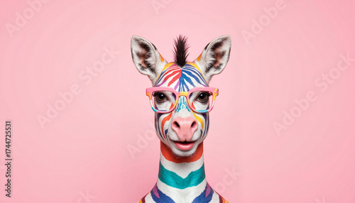 Colorful giraffe with painted stripes and stylish glasses against a pink background