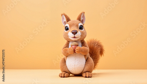 Cute cartoon squirrel holding an acorn on a warm yellow background