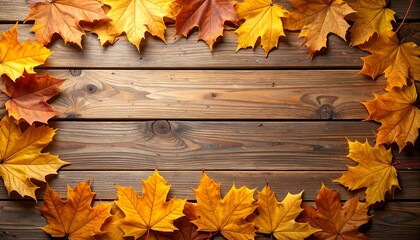 Autumn leaves border on wood
