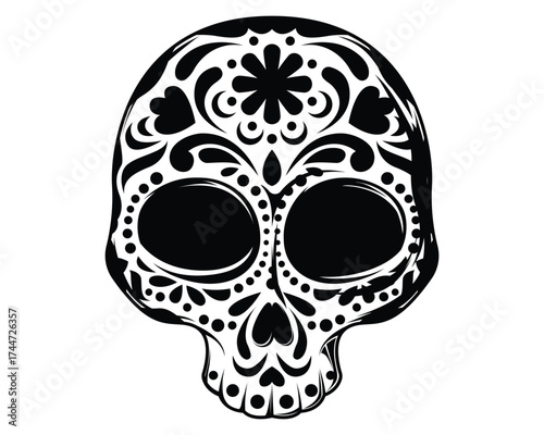 Decorative mexican sugar skull black shape icon silhouette vector flat illustration design on white background