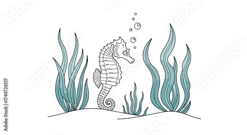 A lone seahorse swims gracefully through swaying sea grass near the sandy ocean floor.