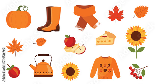 Cozy autumnal elements featuring pumpkins boots scarves and falling leaves.