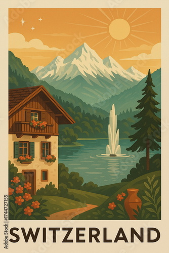 Vintage style travel illustration of Switzerland featuring iconic architecture, cozy streets and warm retro tones, detailed scenic composition perfect for tourism, wall art, posters, postcards