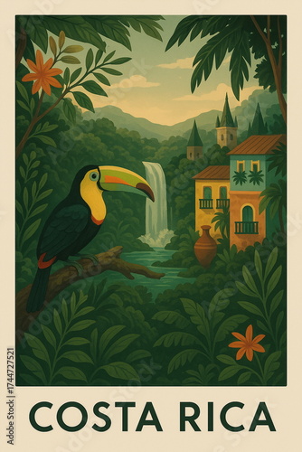 Vintage style travel illustration of Costa Rica featuring iconic architecture, cozy streets and warm retro tones, detailed scenic composition perfect for tourism, wall art, posters, postcards
