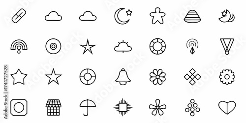 Diverse icons for modern design projects include stars, clouds, moon, flowers, and technology, perfect for enhancing user interfaces and creative presentations