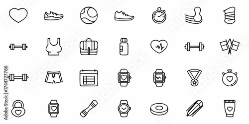 Fitness and well-being icons for a healthy lifestyle, perfect for apps or websites. This scalable graphic showcases exercise, nutrition, and self-care essentials
