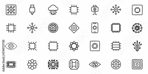 Modern technology icons showcase innovation, digital design elements, and futuristic concepts for business, web development, and creative projects in a minimalist style