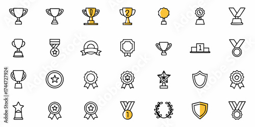 Celebrate Success with this Collection of Achievement Icons! Trophies, Medals, Ribbons, and Shields Visualize Victory in Every Project - Perfect for Recognition Programs