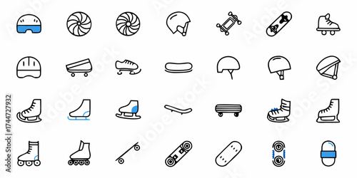 Embrace active fun with skateboards, roller skates, and ice skates, sporting helmets and pads, ready for thrilling outdoor adventures and safe skating experiences