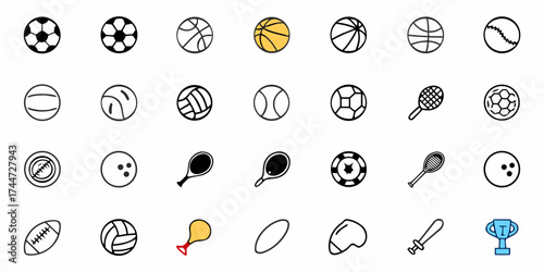 Collection of diverse sports equipment icons perfect for games, fitness, and athletic themes, showcasing soccer, baseball, tennis, and more in a modern, clean style