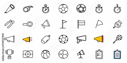 Dynamic collection of soccer icons celebrating the beautiful game, perfect for sports marketing, team spirit designs, and energetic fan projects