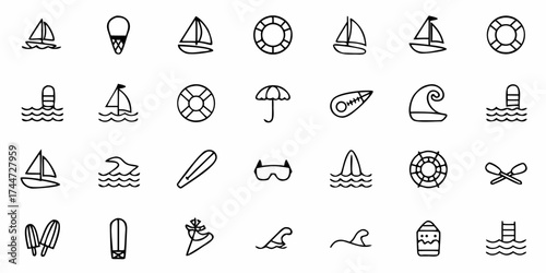 Dreamy nautical doodles evoke carefree summer vibes, perfect for travel blogs and seaside themed projects, clean vector line art icons for website design or social media