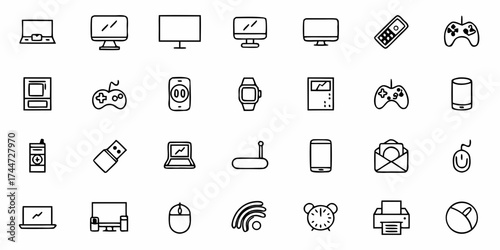 Modern technology vector icon set offering a clean, minimalist aesthetic for websites, apps, and presentations, perfect for user interface design and digital projects