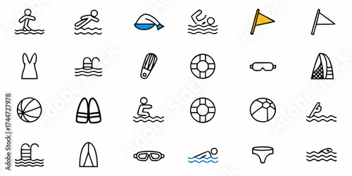 Dive into Summer Fun with this Collection of Swimming and Beach Icons, perfect for vacation planners, resort marketing, and travel blogs highlighting aquatic activities