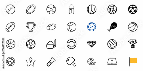 Dive into sports & games! Line art collection of footballs, soccer balls, trophies, and more for active brands and vibrant designs, originally a scalable graphic