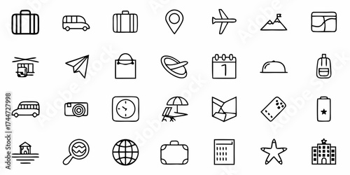 Travel icons set in a minimalist style, perfect for vacation planning, tourism marketing, and holiday promotions. Transportation, accommodation, and activity symbols included