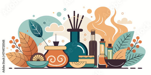Aromatherapy spa salon, smoke rising from incense sticks and accessories, nature vibe, banner design