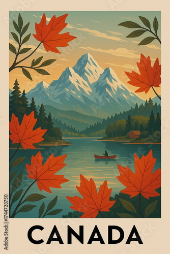 Vintage style travel illustration of Canada featuring iconic architecture, cozy streets and warm retro tones, detailed scenic composition perfect for tourism, wall art, posters, postcards
