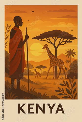 Vintage style travel illustration of Kenya featuring iconic architecture, cozy streets and warm retro tones, detailed scenic composition perfect for tourism, wall art, posters, postcards