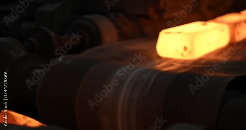 Glowing metal bars in a manufacturing workshop scene