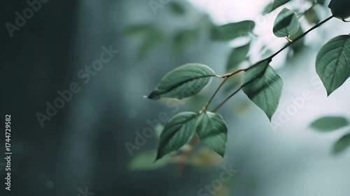 Nature photography: close up of green leaves and branch on blurred background