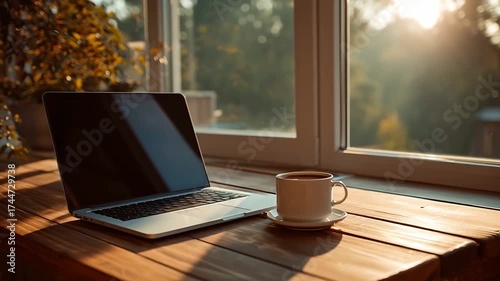 Work from home with coffee and laptop by the window morning sunlight scene