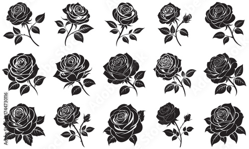 Floral Design Elements – Black Rose Silhouette Vector Collection