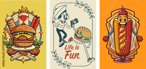 Hot dog and burger, happy snacks, character vintage, sticking nostalgic designs