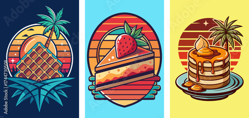 Waffle, cheese cake with strawberry, Pancakes with syrup, sunset tropical vibe, vintage nostalgic expressive designs