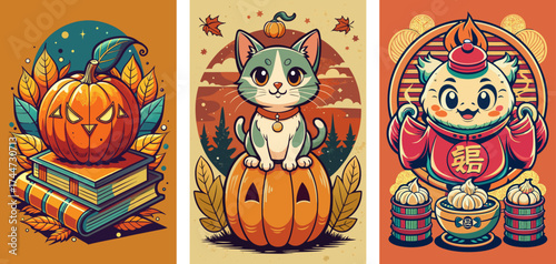 pumpkin on a vintage book, a cute cat, a dim sum Japanese character, food, Halloween vibe designs