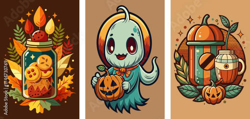 nostalgic, stunning designs, biscuits in a  jar, cute ghost holding a pumpkin, coffee mugs, Halloween concept, autumn vibe