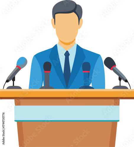 Man speaking at podium with microphones political speech event presentation public speaking vector