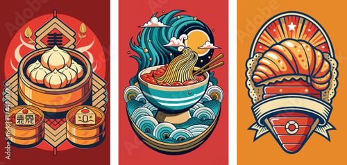 Traditional food dish, Dim sum, ramen, Croissant, Japanese, Italian culture, nostalgic vintage designs